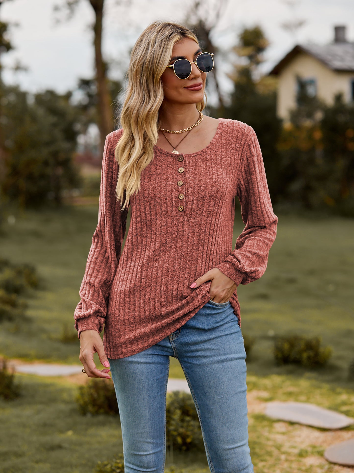 Round Neck Button-Down Long Sleeve Tee-Angel Casuals