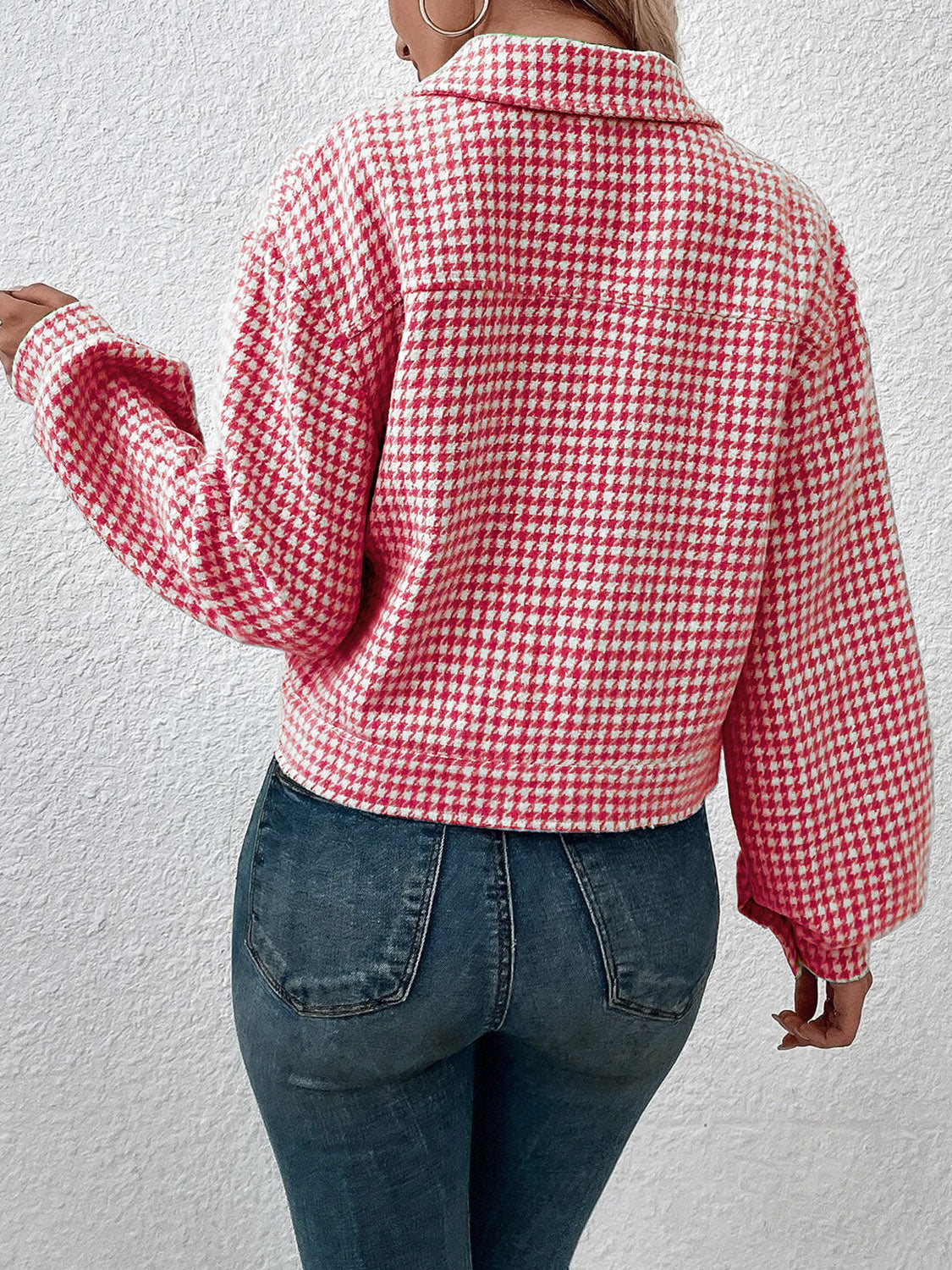 Houndstooth Collared Neck Button Up Jacket-Angel Casuals
