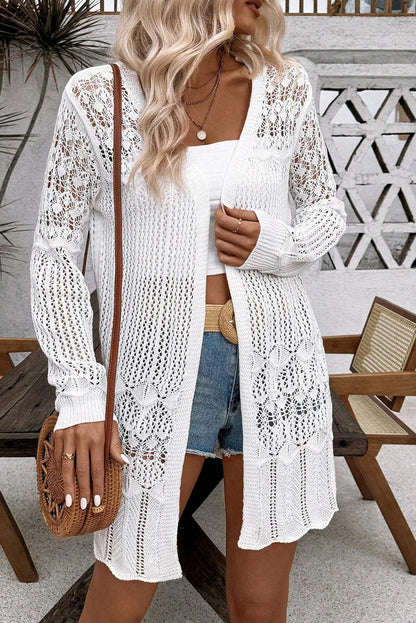 Openwork Open Front Long Sleeve Cardigan-Angel Casuals