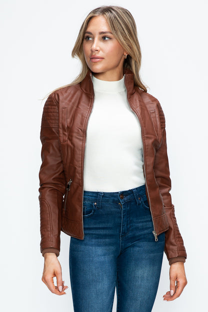 YMI Faux Layered Double-Zipper Jacket with Fuzzy Hood-Angel Casuals