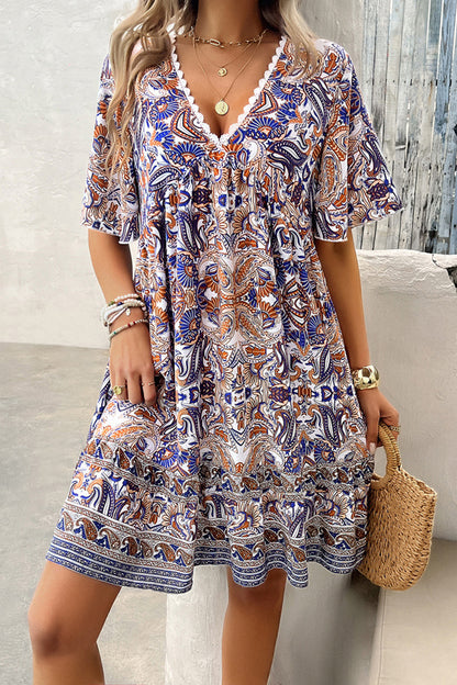 Printed V-Neck Half Sleeve Mini Dress-Angel Casuals