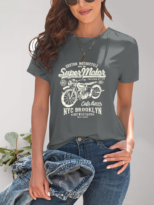 Motorcycle Graphic Round Neck T-Shirt-Angel Casuals