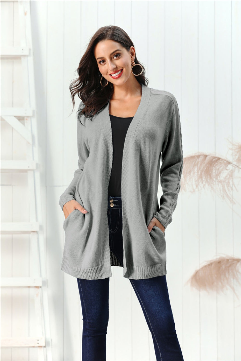 Cable-Knit Open Front Long Sleeve Cardigan-Angel Casuals