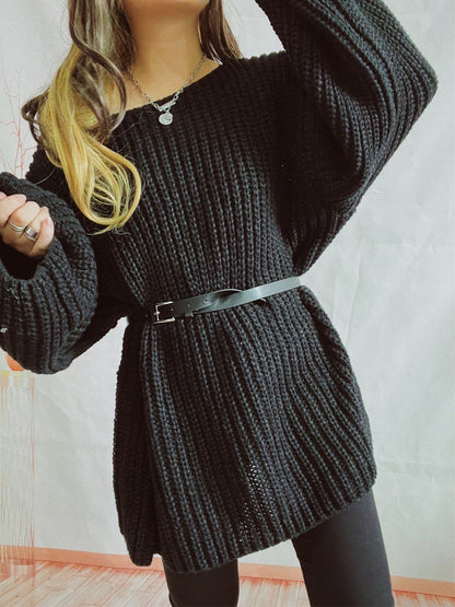 Boat Neck Long Sleeve Sweater with Belt-Angel Casuals