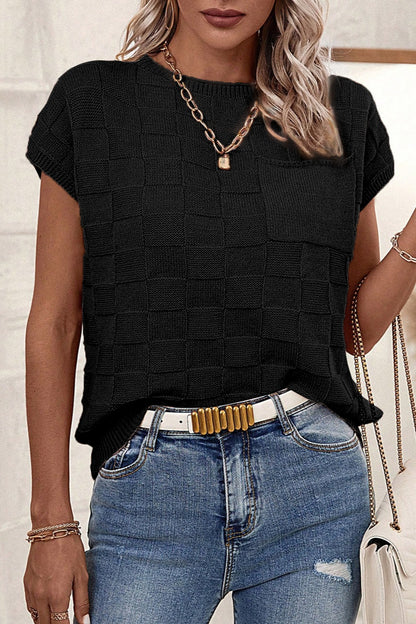 Pocketed Checkered Round Neck Knit Top-Angel Casuals