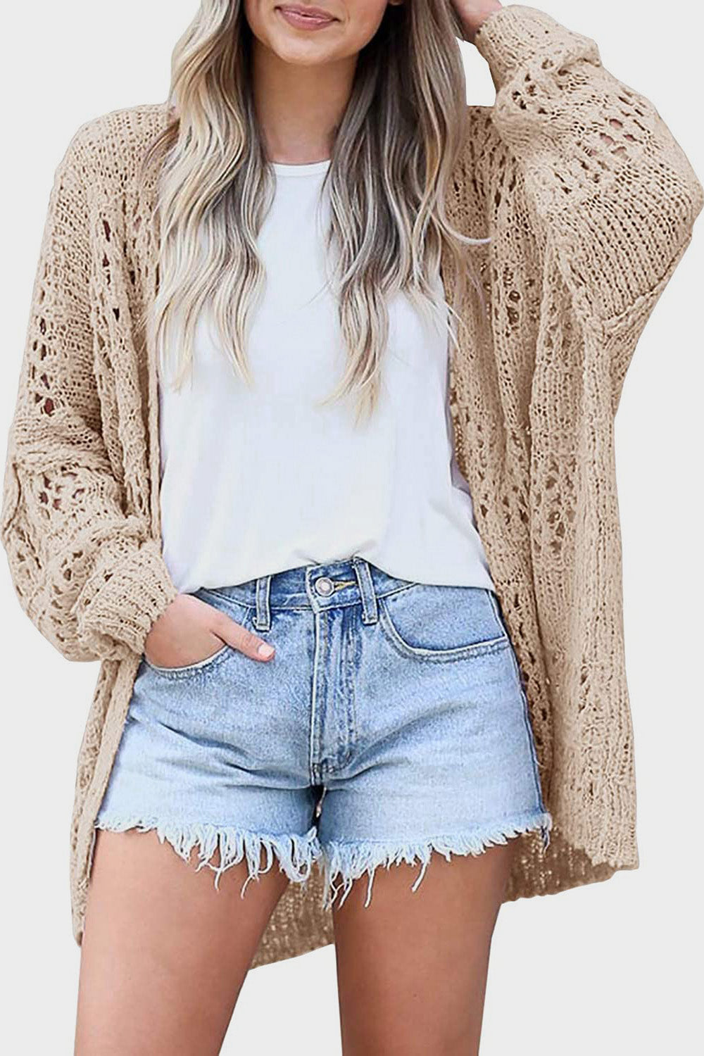 Openwork Open Front Long Sleeve Cardigan-Angel Casuals
