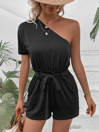 Single Shoulder Tie Waist Romper-Angel Casuals