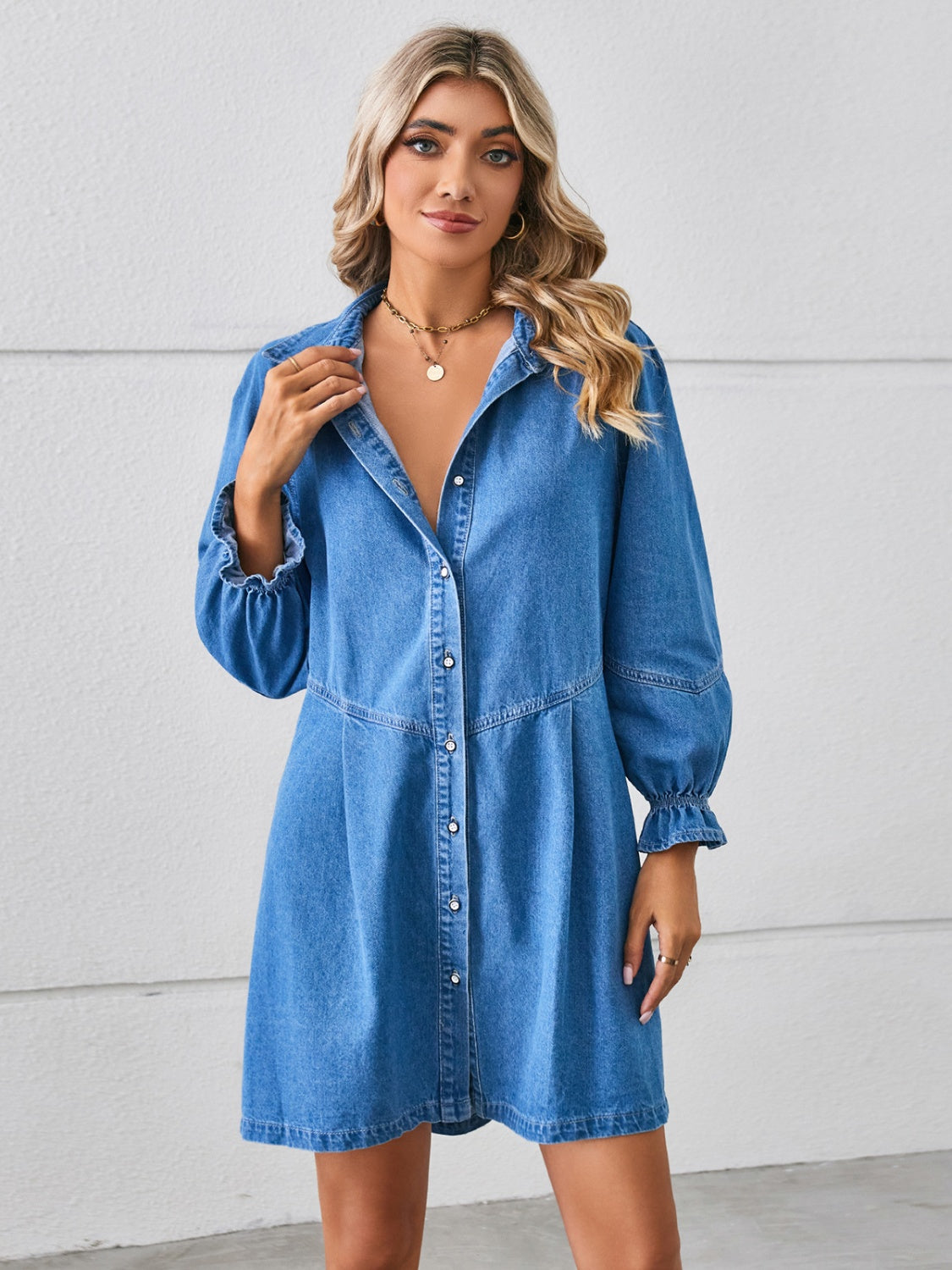 Button Up Flounce Sleeve Mini Denim Dress-Angel Casuals