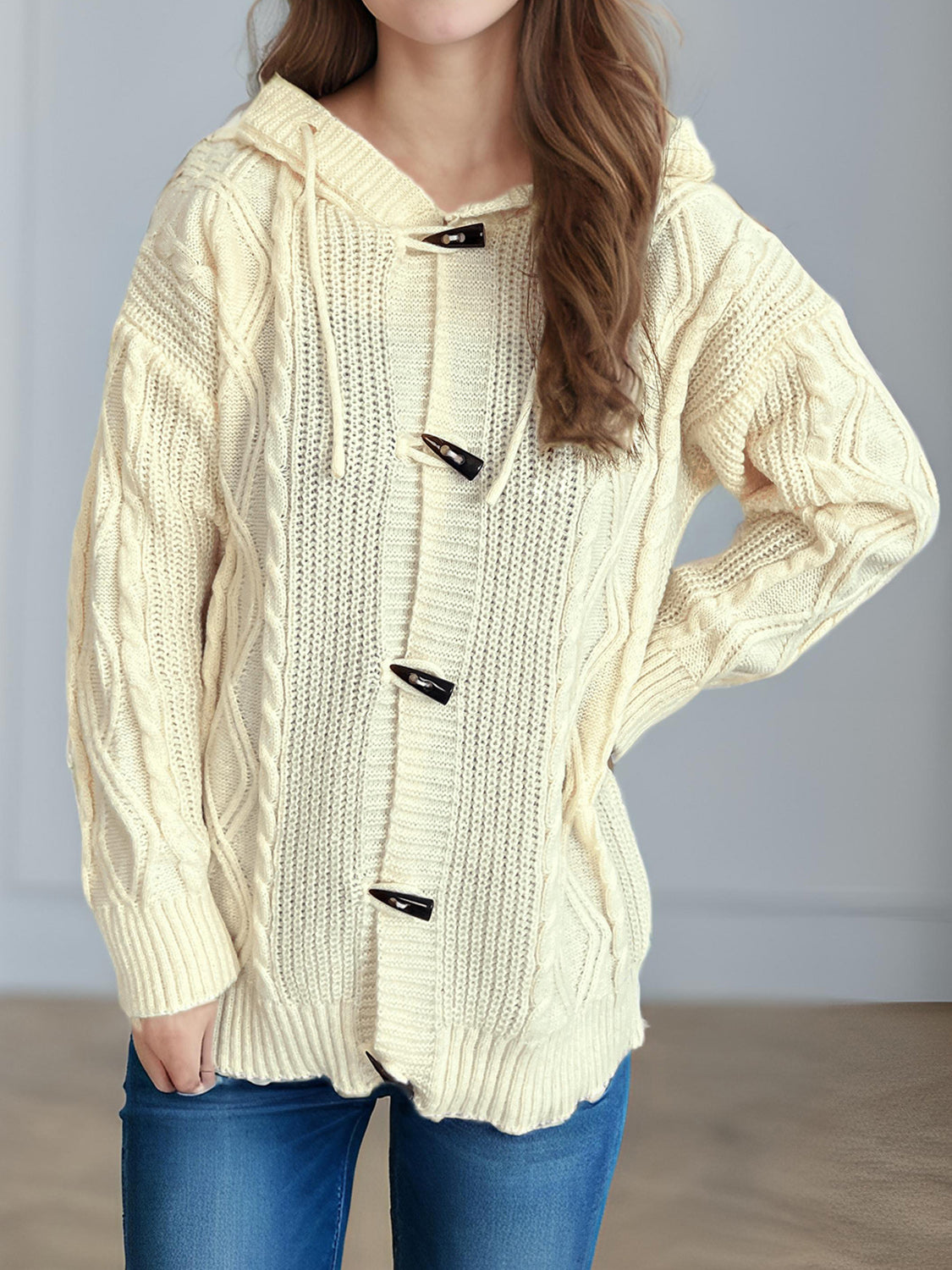 Cable-Knit Long Sleeve Hooded Cardigan-Angel Casuals