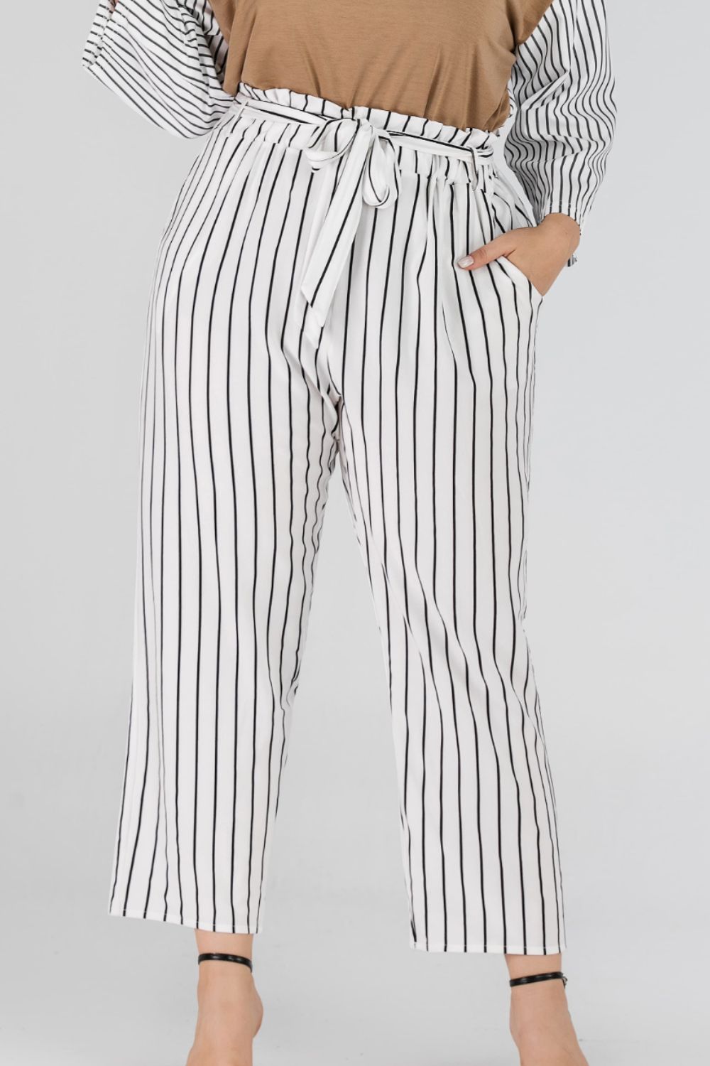 Full Size Striped Paperbag Waist Cropped Pants-Angel Casuals