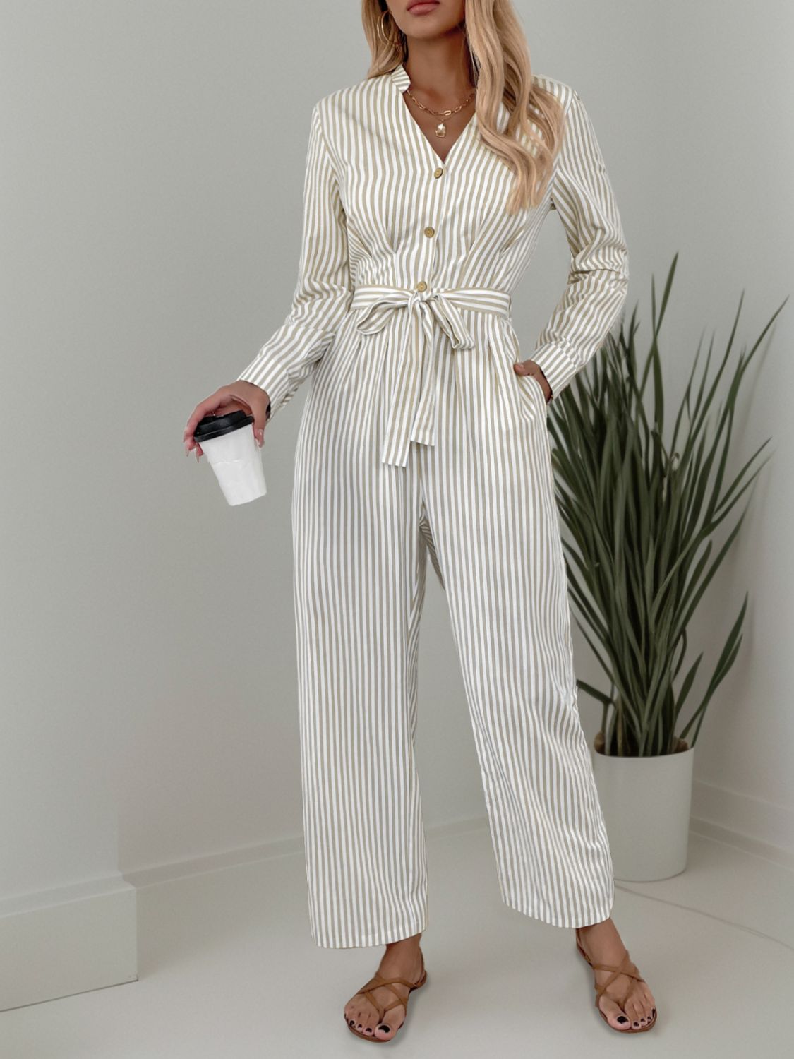 Striped Notched Long Sleeve Tie Waist Jumpsuit-Angel Casuals
