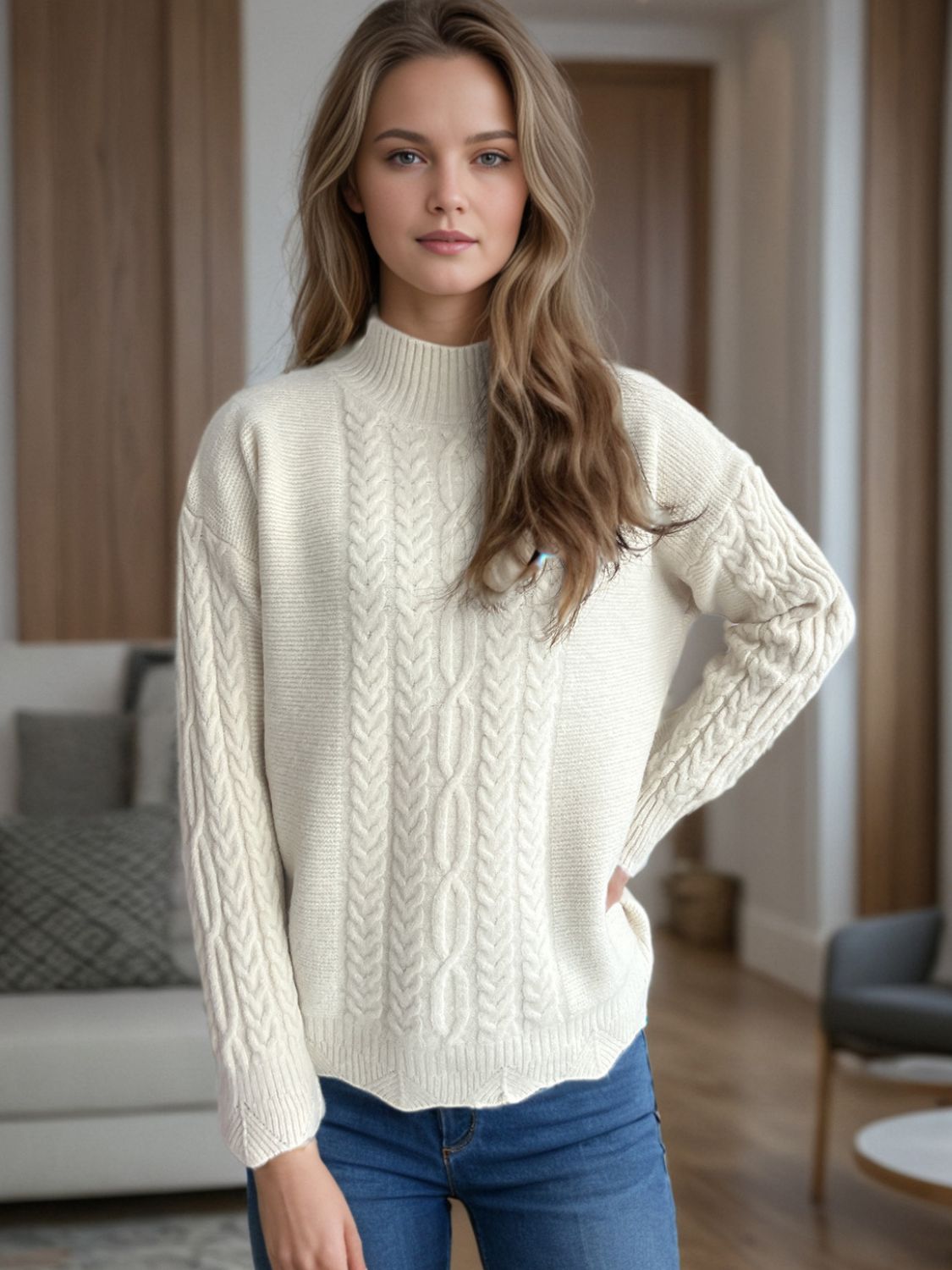 Cable-Knit Mock Neck Dropped Shoulder Sweater-Angel Casuals