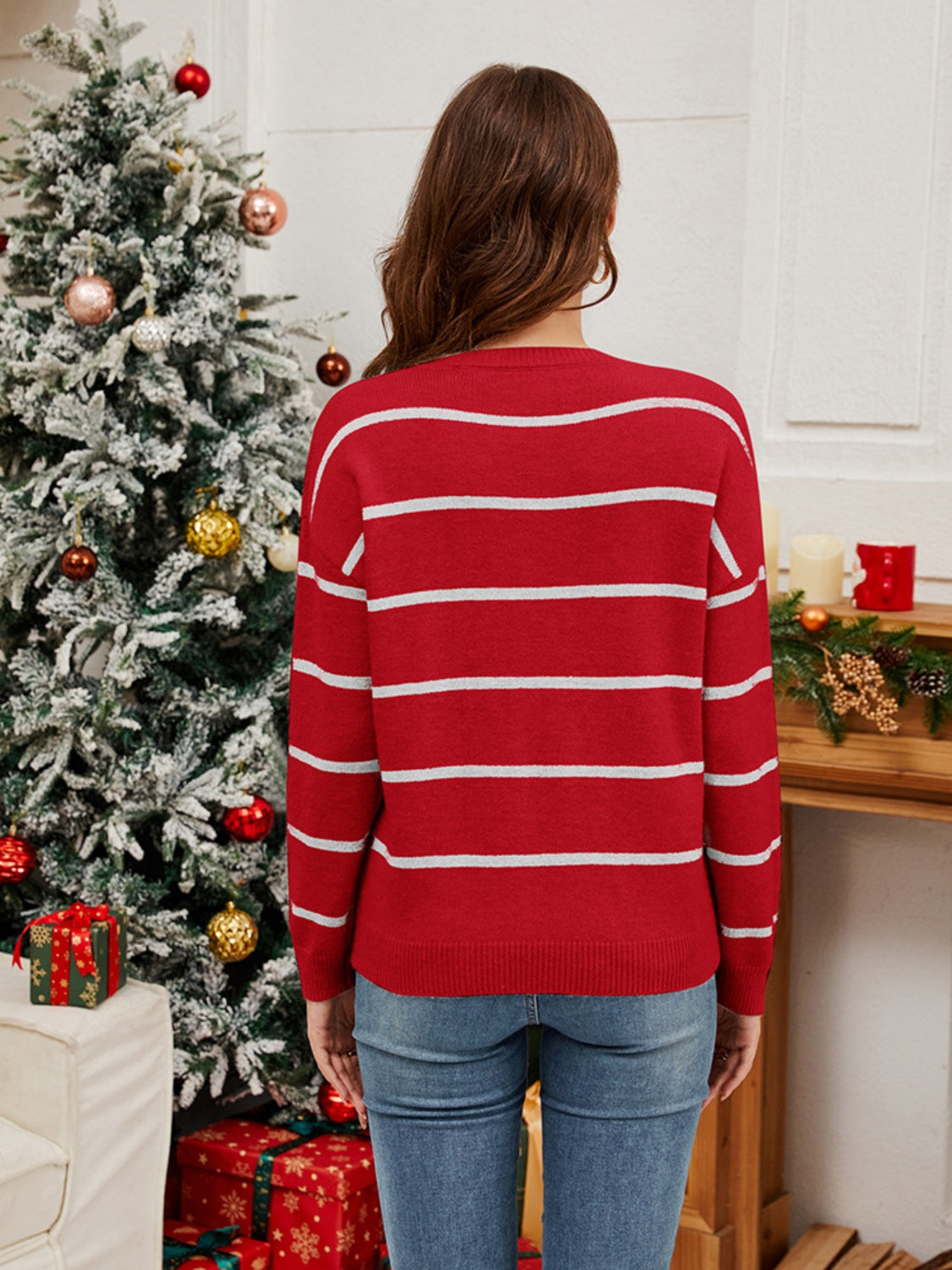 Sequin Santa Striped Round Neck Long Sleeve Sweater-Angel Casuals