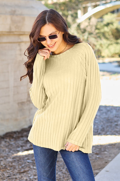 Basic Bae Full Size Ribbed Round Neck Long Sleeve Knit Top-Angel Casuals