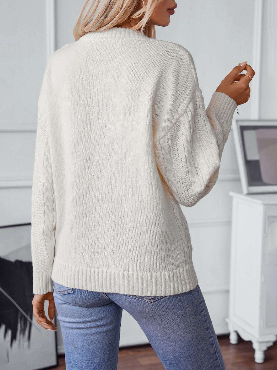 Cable-Knit Round Neck Long Sleeve Sweater-Angel Casuals