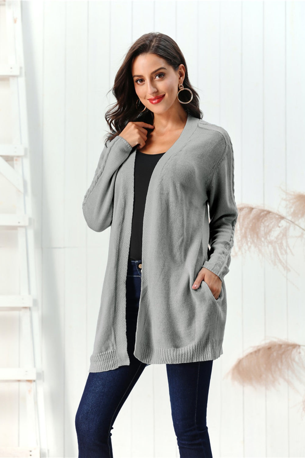 Cable-Knit Open Front Long Sleeve Cardigan-Angel Casuals