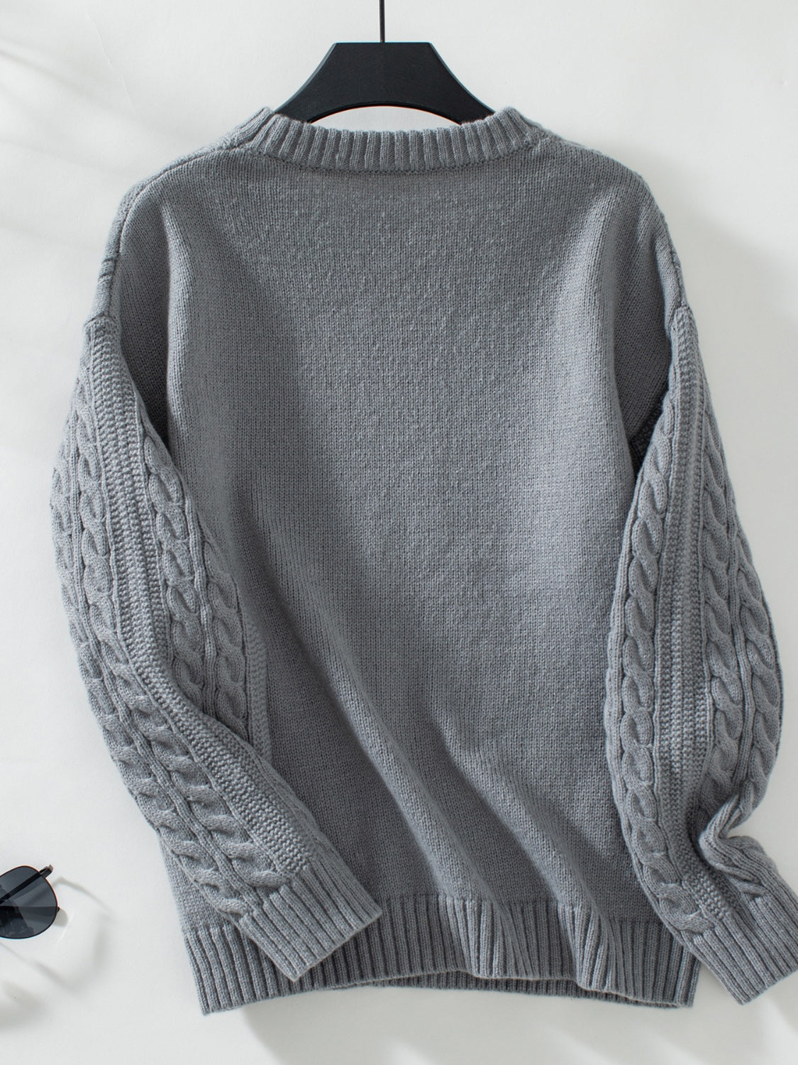 Cable-Knit Round Neck Long Sleeve Sweater-Angel Casuals