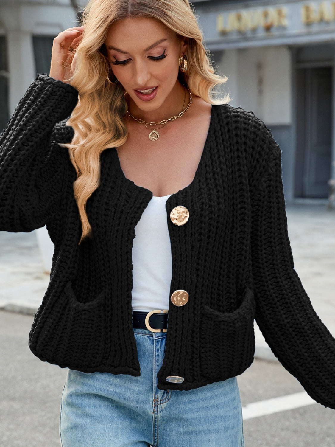 Round Neck Button Up Cardigan with Pockets-Angel Casuals