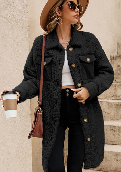 Collared Neck Long Sleeve Longline Teddy Jacket-Angel Casuals
