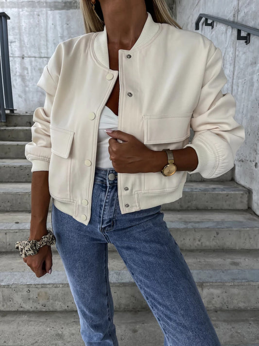 Baseball Collar Dropped Shoulder Jacket-Angel Casuals