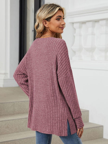 Ribbed Round Neck Long Sleeve T-Shirt-Angel Casuals