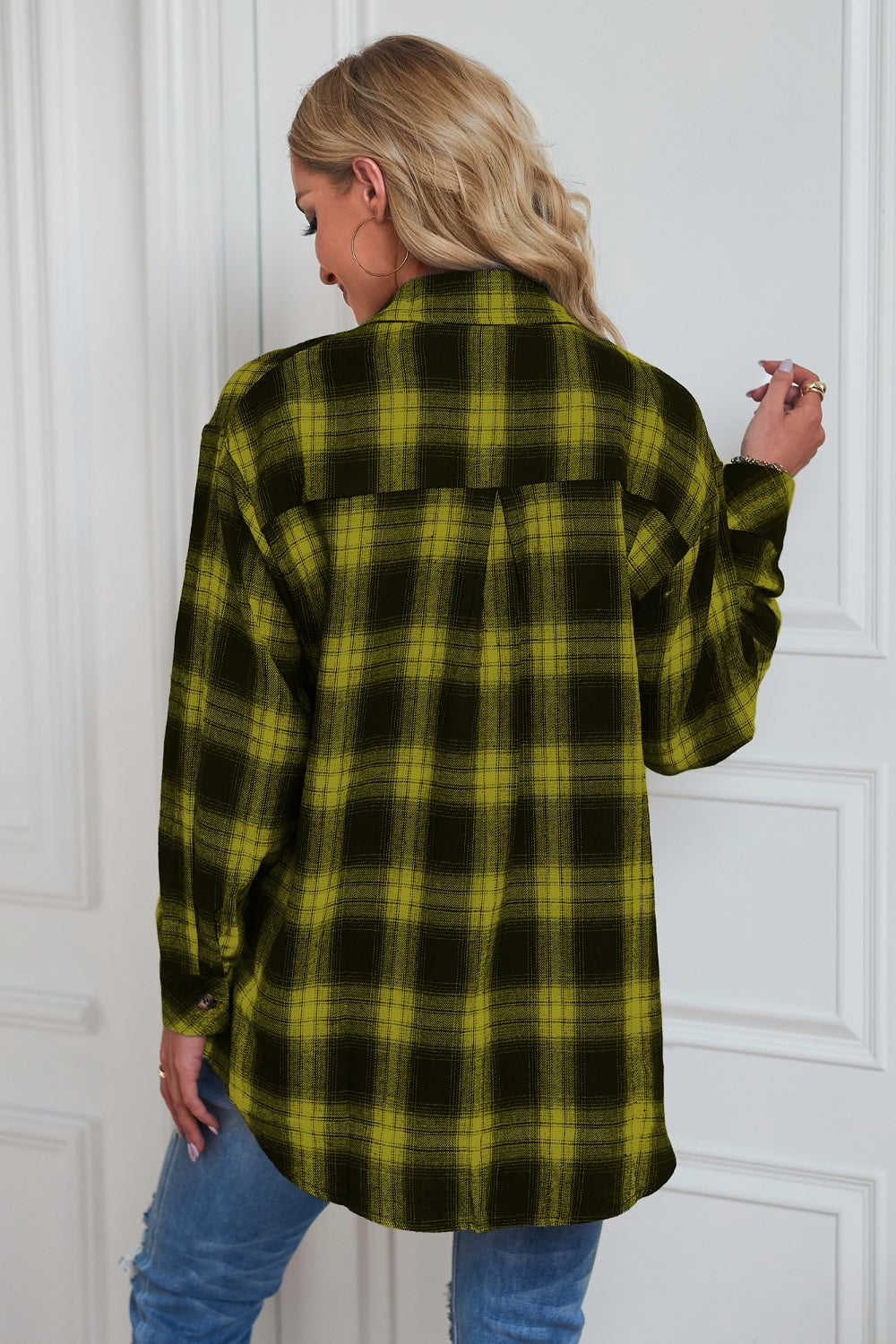 Plaid Button Up Dropped Shoulder Outerwear-Angel Casuals