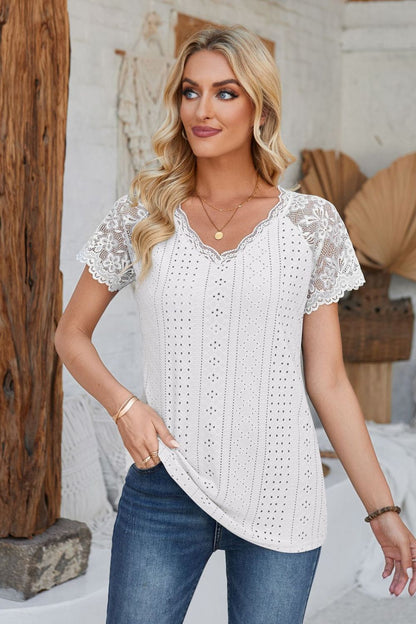 Eyelet V-Neck Lace Short Sleeve T-Shirt-Angel Casuals