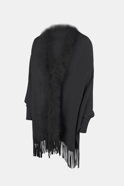 Fringe Open Front Long Sleeve Poncho-Angel Casuals