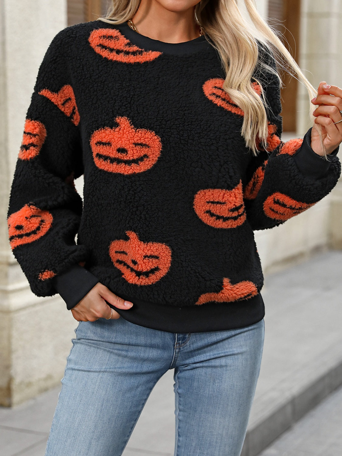 Fuzzy Pumpkin Round Neck Dropped Shoulder Sweater-Angel Casuals