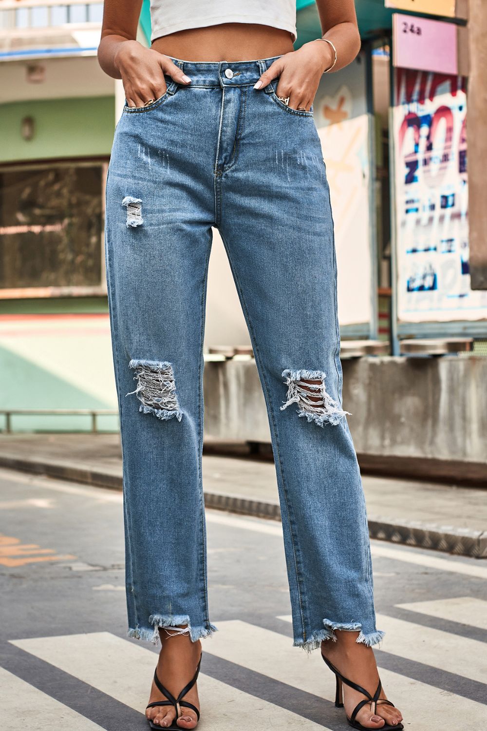 Distressed Buttoned Loose Fit Jeans-Angel Casuals