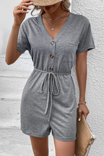 V-Neck Short Sleeve Tied Romper-Angel Casuals