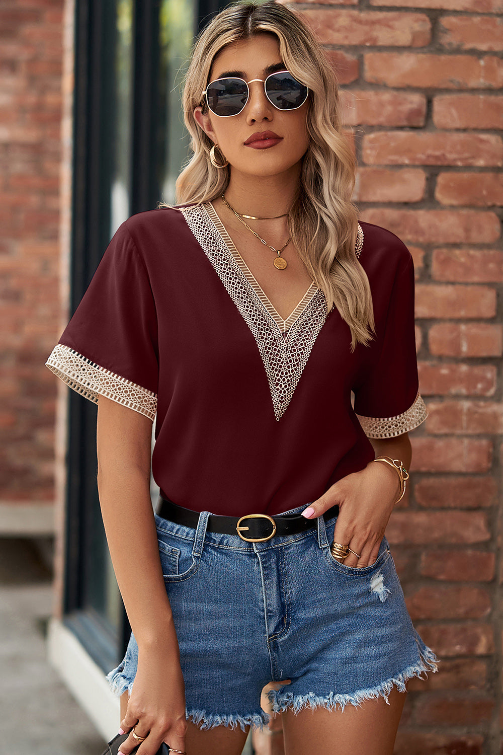 Openwork V-Neck Short Sleeve T-Shirt-Angel Casuals