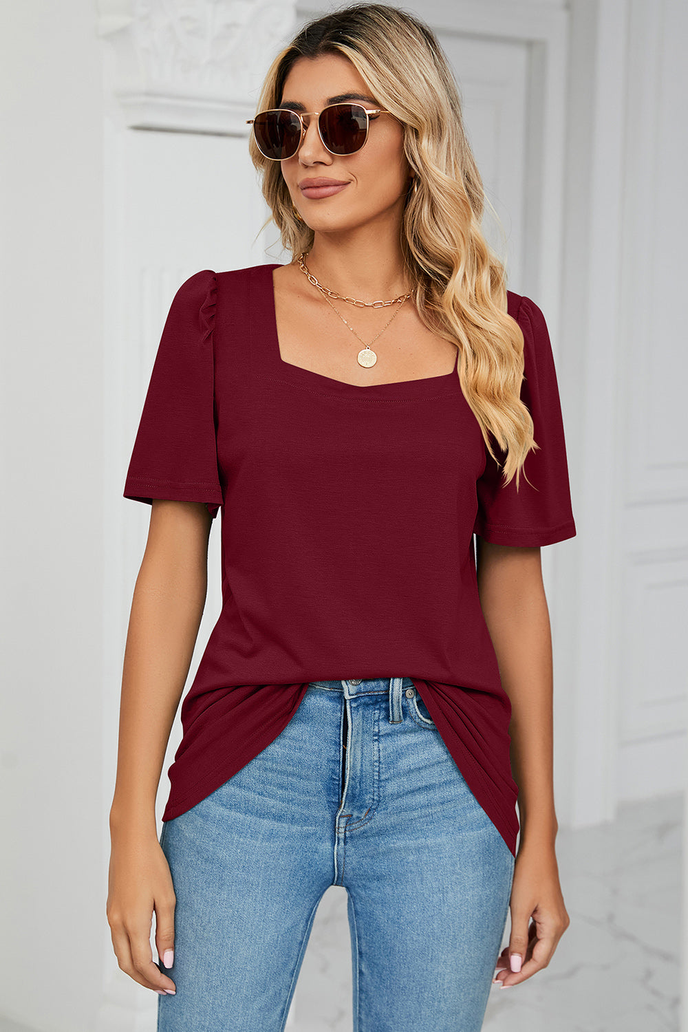 Square Neck Short Sleeve T-Shirt-Angel Casuals