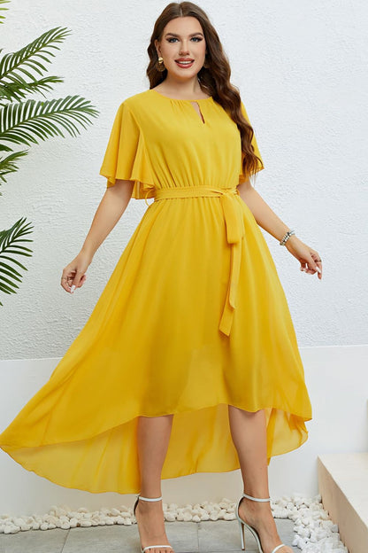 Belted Flutter Sleeve High-Low Dress-Angel Casuals