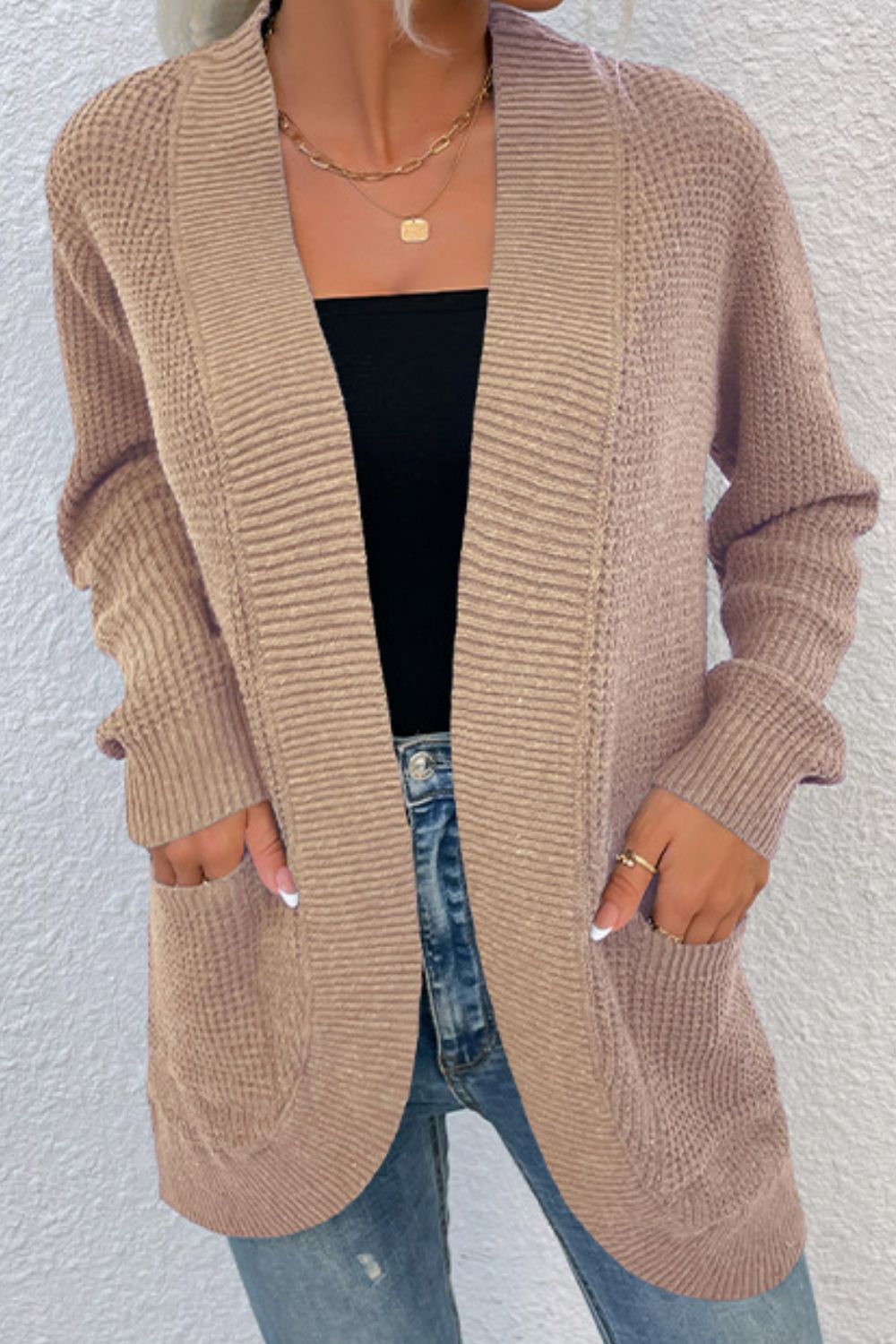 Open Front Rib-Knit Cardigan with Pockets-Angel Casuals