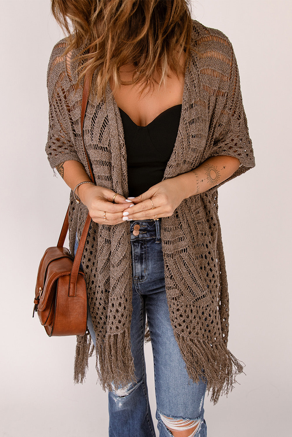 Fringe Hem Slit Open Front Cardigan-Angel Casuals