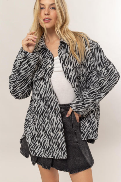 HYFVE Zebra Print Snap Down Long Sleeve Shacket-Angel Casuals