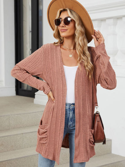 Pocketed Open Front Long Sleeve Cardigan-Angel Casuals