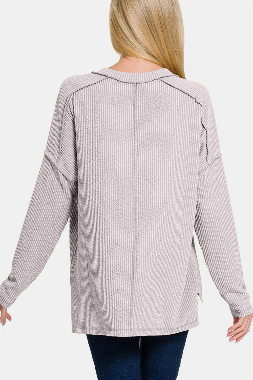 Zenana Texture Exposed Seam V-Neck Long Sleeve T-Shirt-Angel Casuals