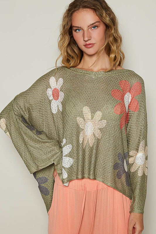 POL Flower Dropped Shoulder Long Sleeve Knit Top-Angel Casuals