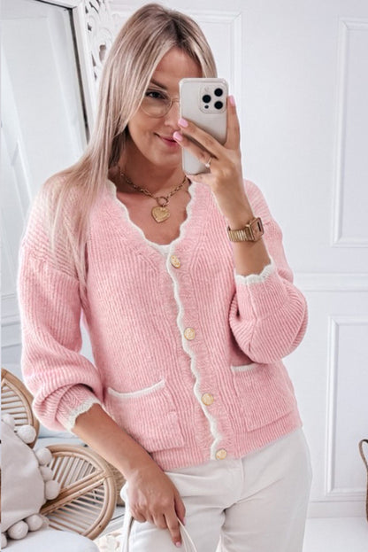 Contrast Trim V-Neck Long Sleeve Cardigan-Angel Casuals