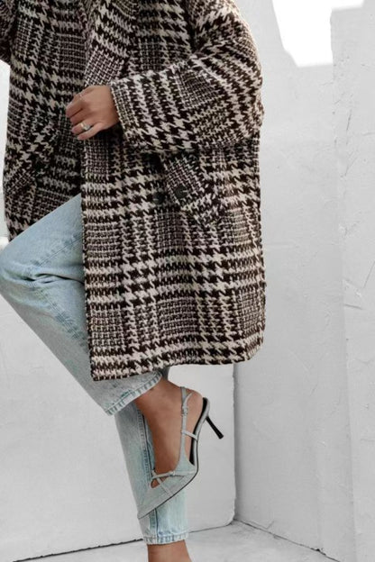 Houndstooth Collared Neck Long Sleeve Coat with Pockets-Angel Casuals
