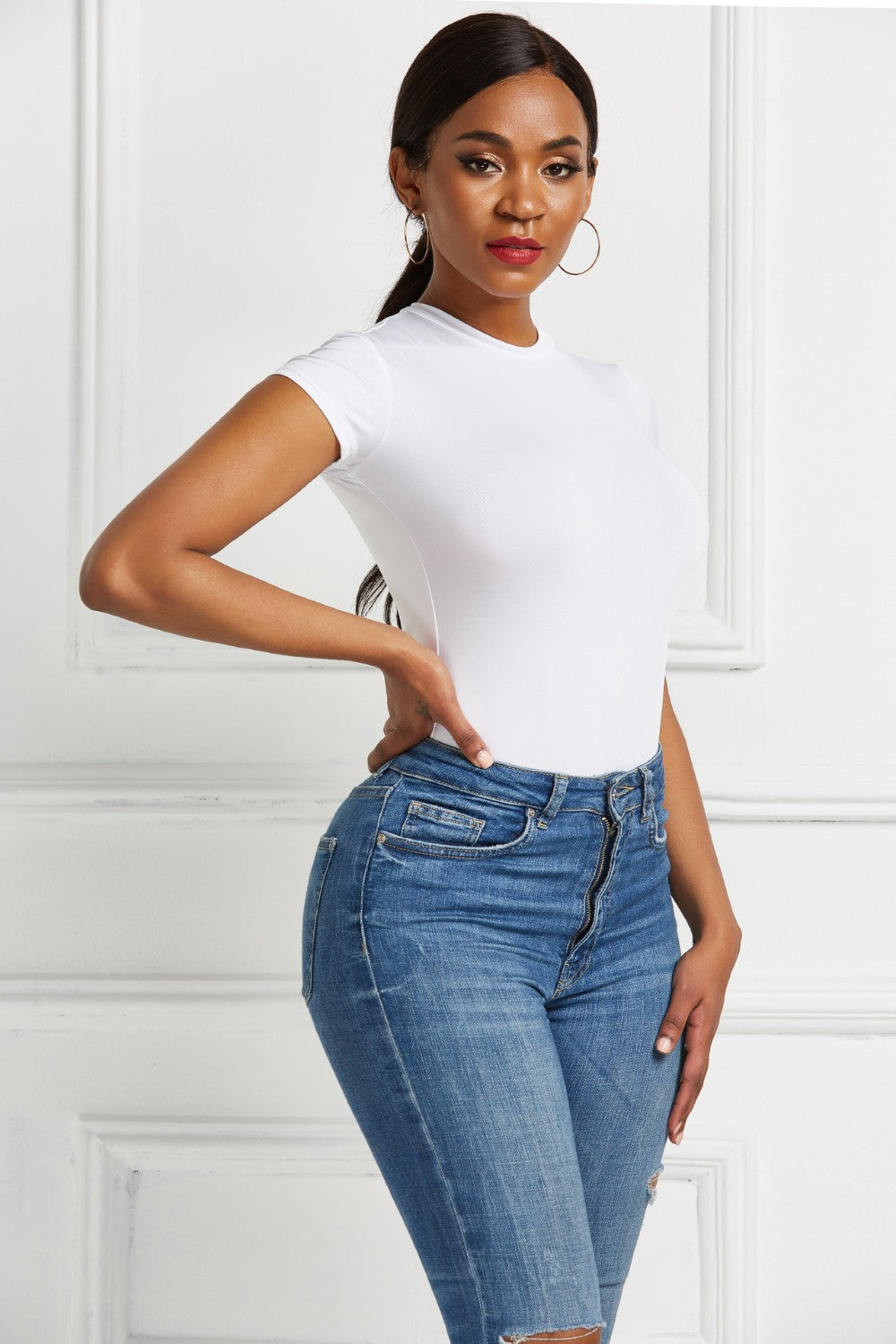 Round Neck Short Sleeve Bodysuit-Angel Casuals