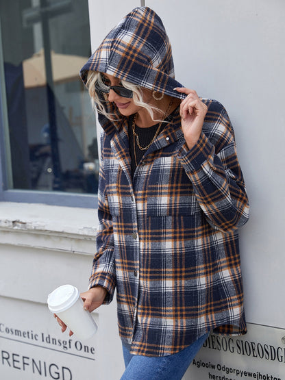 Ivy Lane Plaid Button Up Long Sleeve Hooded Jacket-Angel Casuals