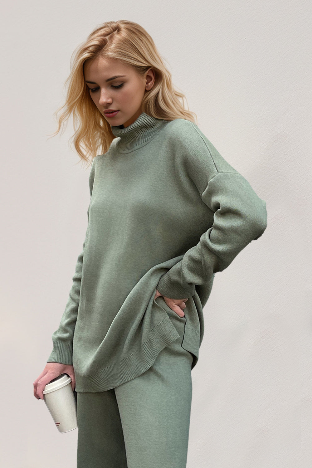 Basic Bae Side Slit Turtleneck Dropped Shoulder Sweater-Angel Casuals