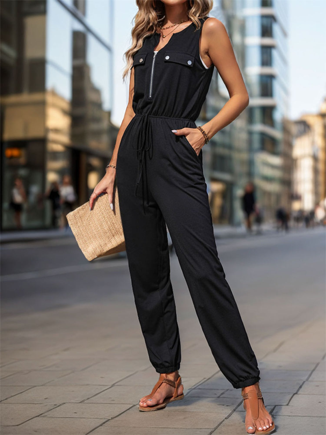 Half Zip Sleeveless Jumpsuit with Pockets-Angel Casuals