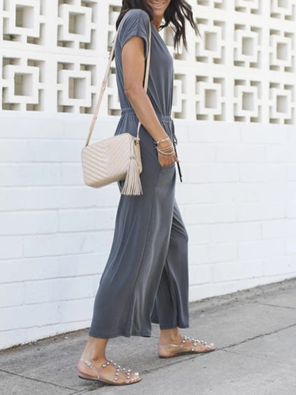 V-Neck Short Sleeve Jumpsuit-Angel Casuals