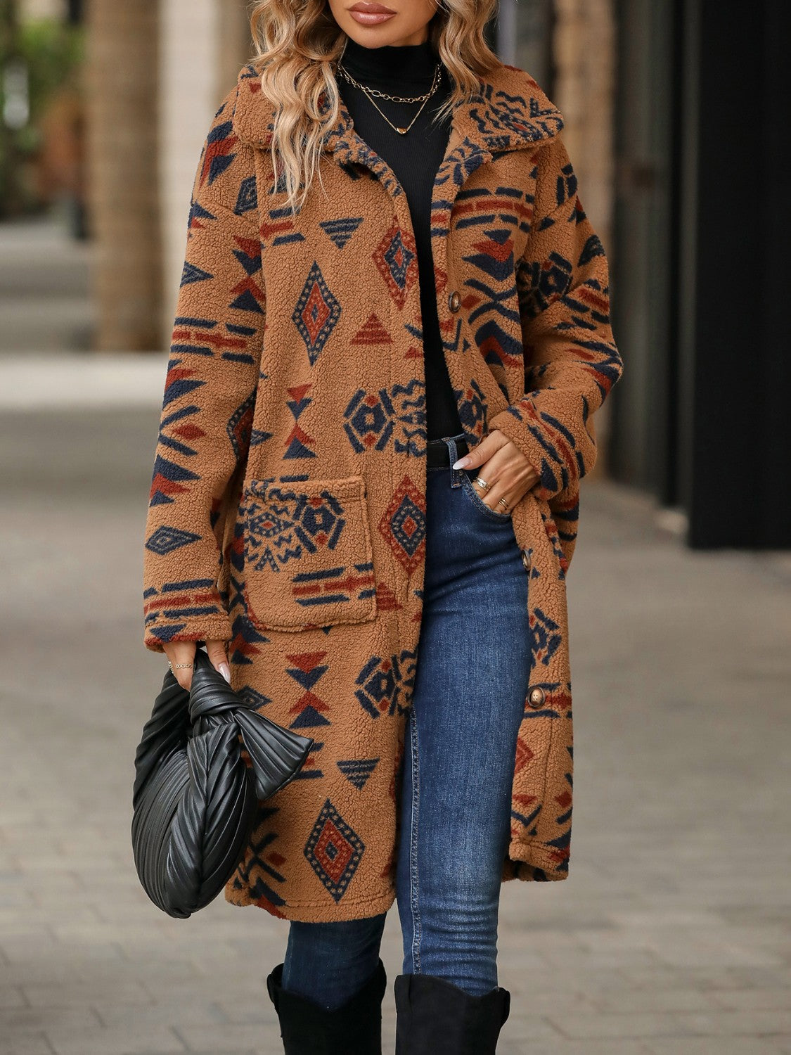 Geometric Pocketed Dropped Shoulder Coat-Angel Casuals