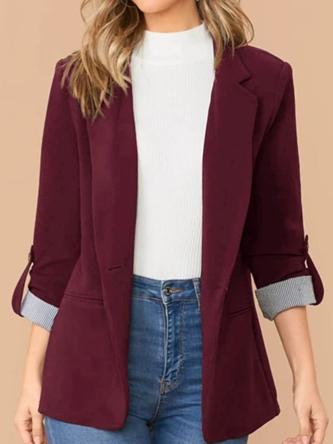 Lapel Collar Roll-Tab Sleeve Blazer-Angel Casuals