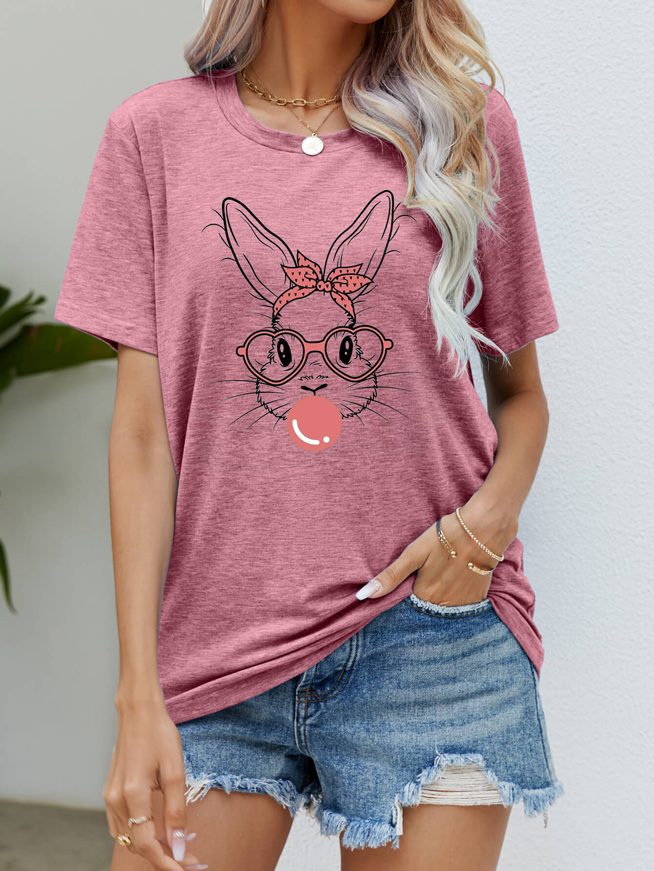 Easter Bunny Graphic Round Neck T-Shirt-Angel Casuals